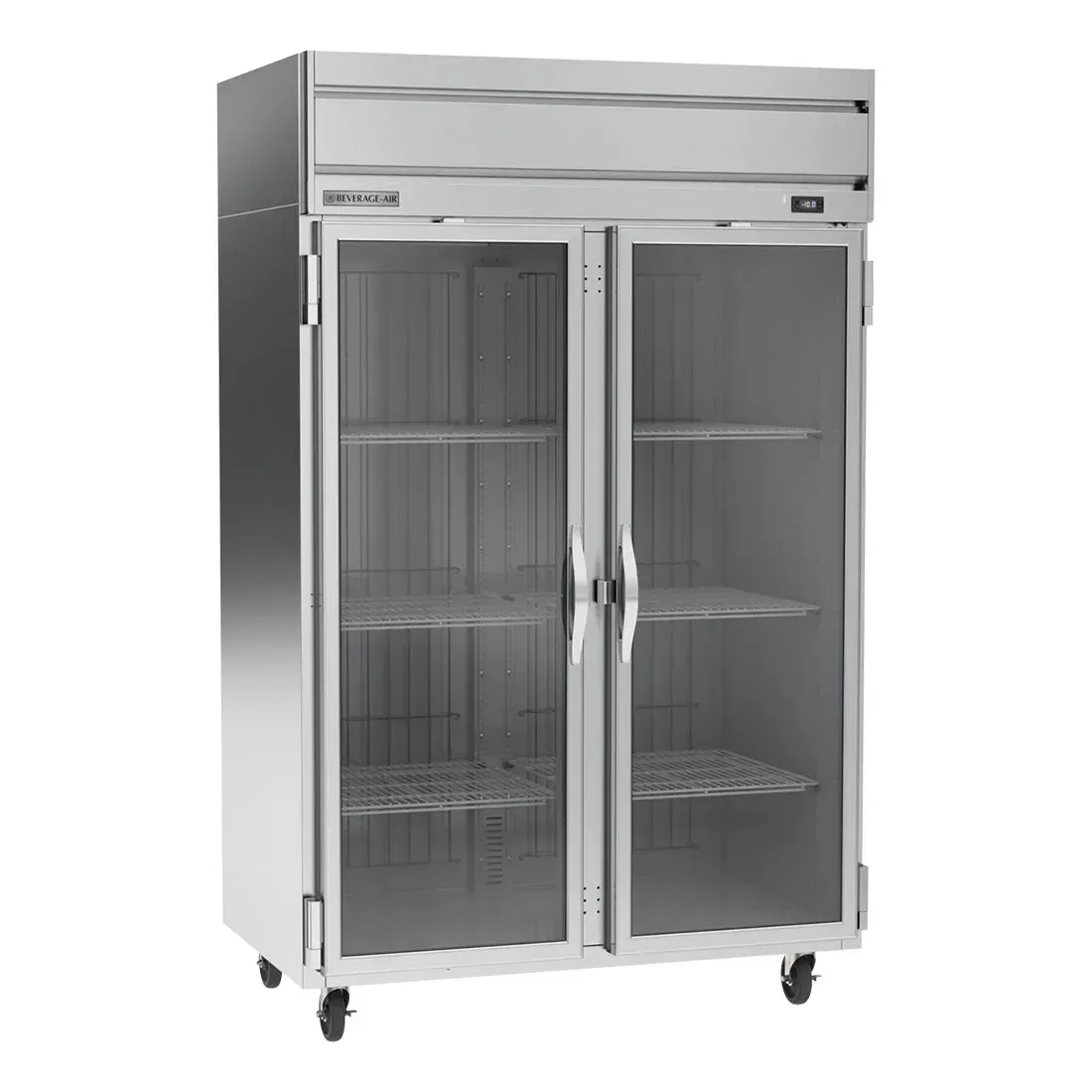 Beverage-Air glass door reach-in freezer for cafes displays frozen products attractively with sleek stainless construction and dependable performance.