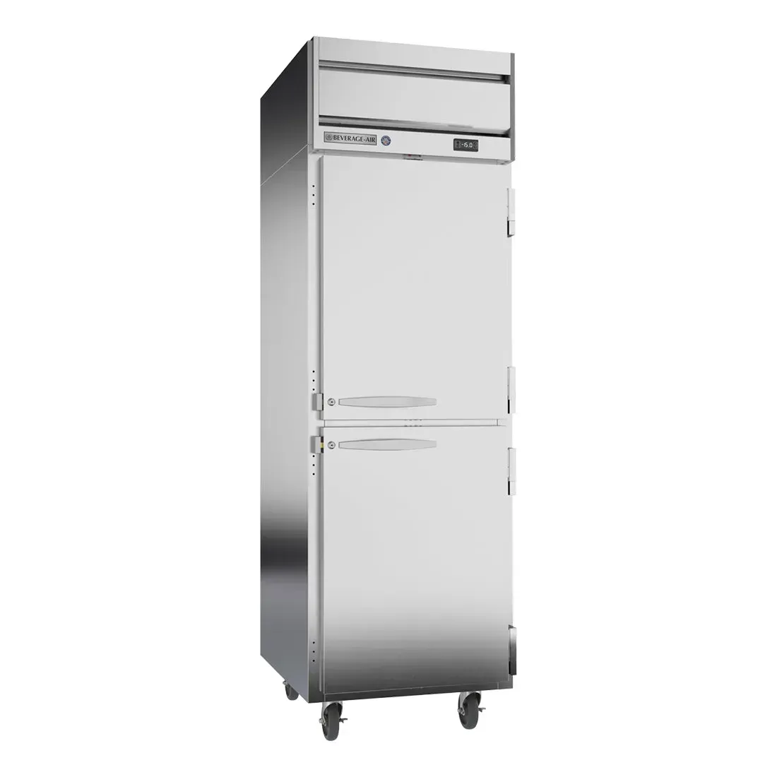Beverage-Air solid half-door reach-in freezer for cafes reduces cold air loss while keeping ingredients frozen with robust stainless construction.