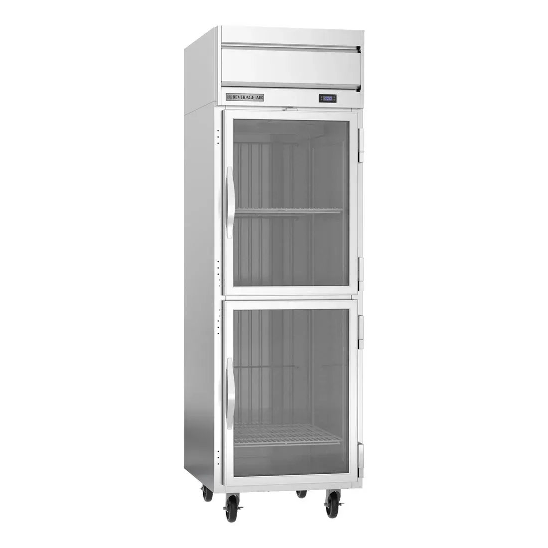 Beverage-Air half-glass door reach-in freezer for restaurants combines visibility and efficiency, showcasing frozen items at optimal temperature.