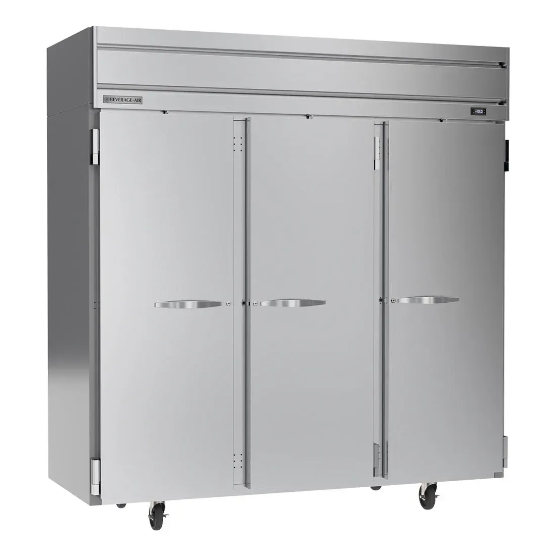 Beverage-Air triple solid door reach-in freezer for commercial restaurants offers massive frozen storage with durable stainless steel construction.
