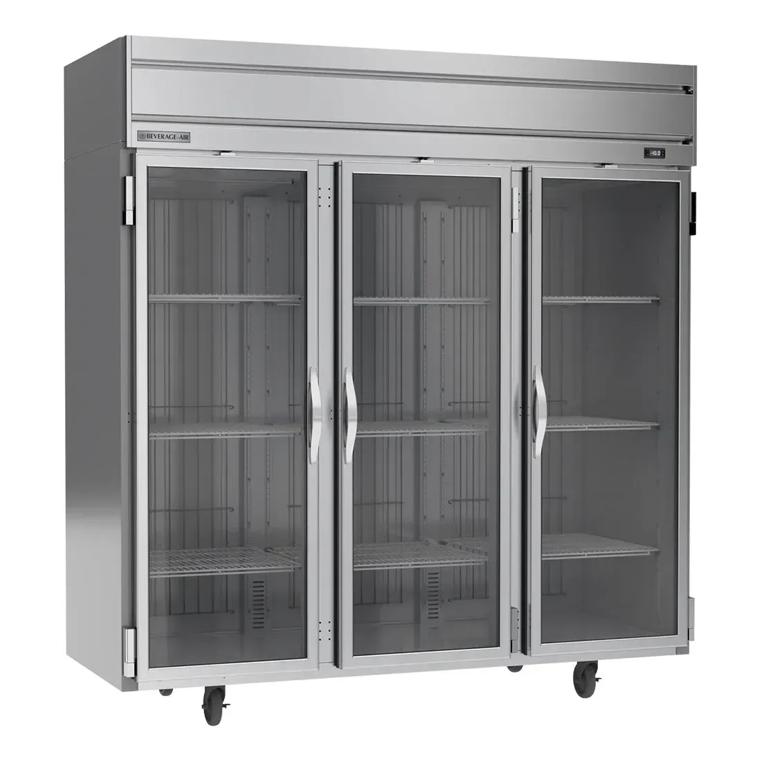 Beverage-Air triple glass door reach-in freezer for restaurant showcases frozen foods attractively with energy-efficient stainless steel construction.