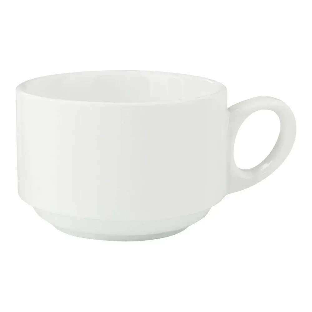 Yanco China Nature Art coffee cup in white with subtle embossed pattern, stackable for space saving, ideal for hotels, buffets, and breakfast service.