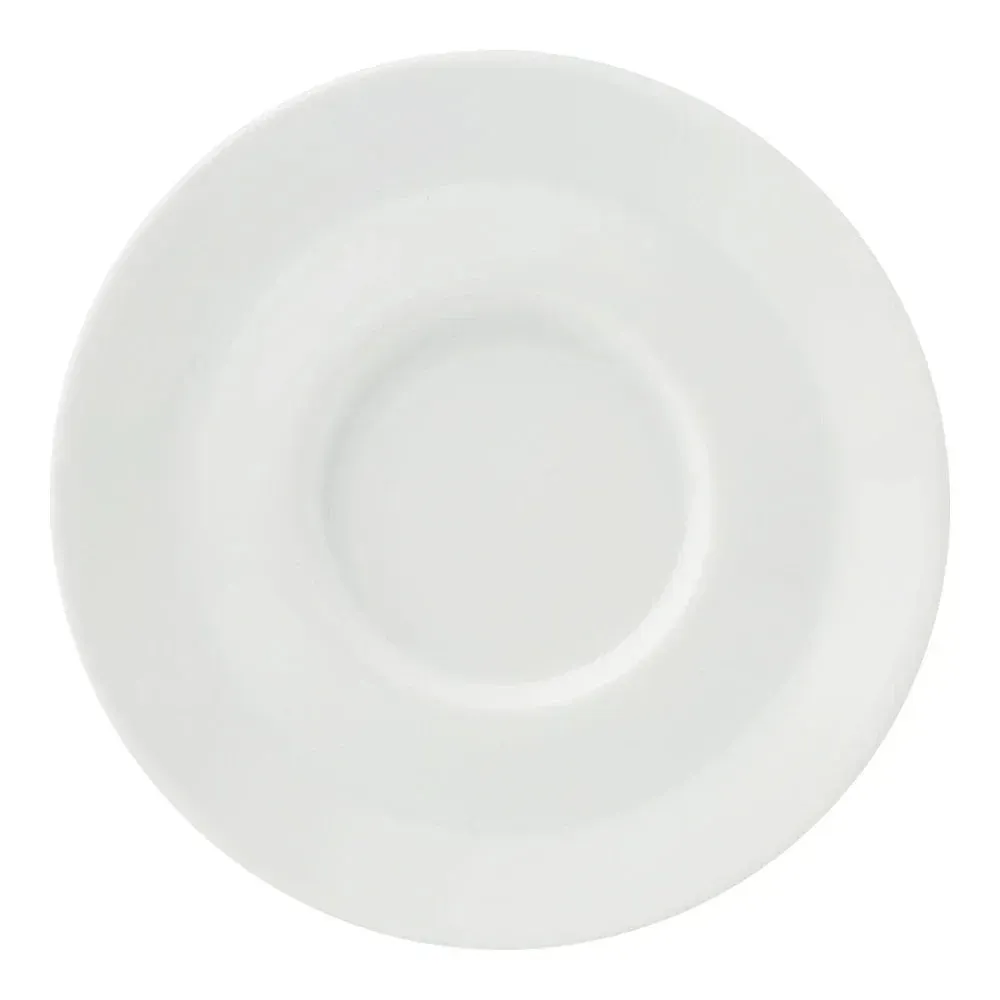 Yanco China Nature Art saucer in white cambria, pairs with coffee cups, embossed details, stackable design, essential for cohesive table settings.