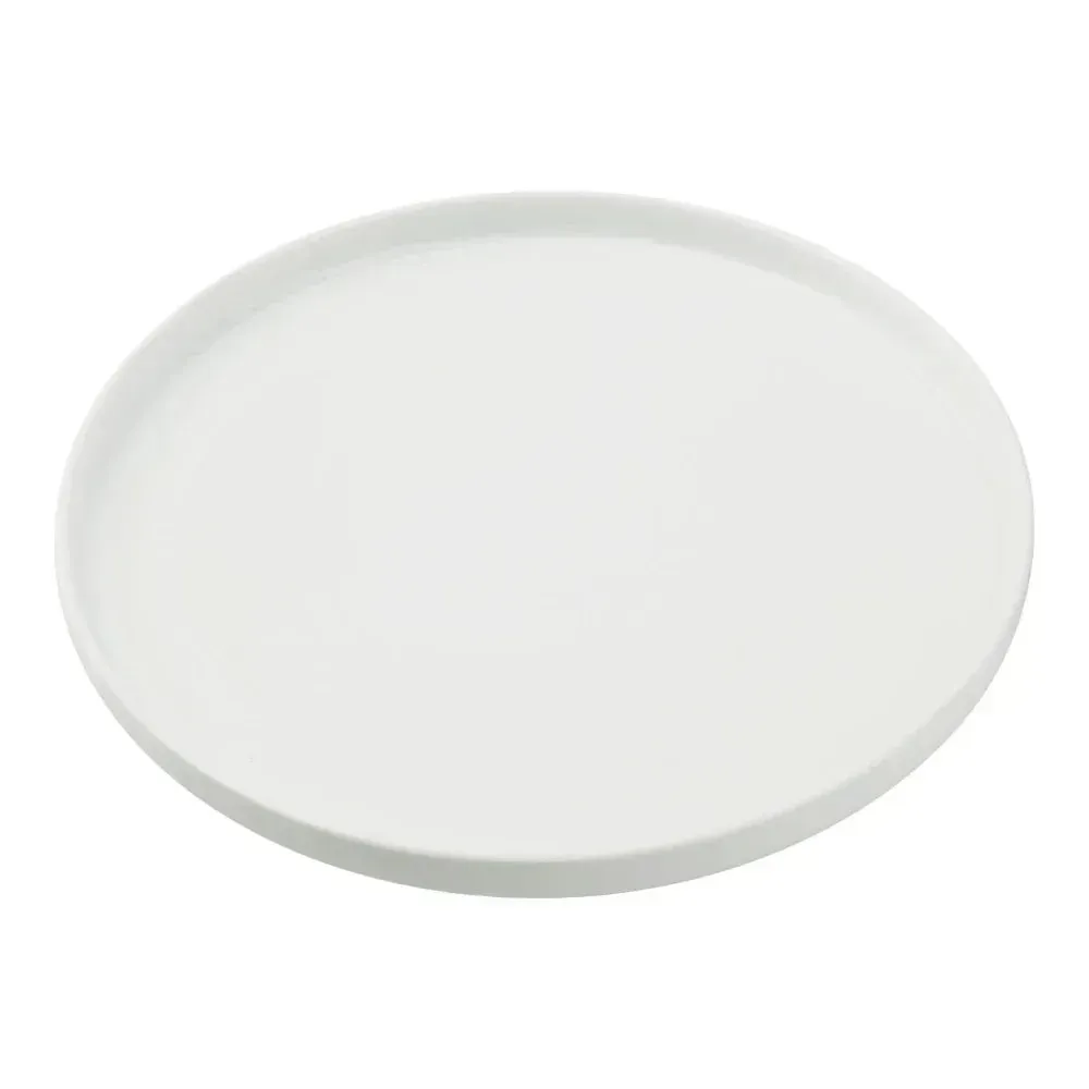 Yanco China round white porcelain plate with upright rim and polished glossy finish, ideal for serving entrees, grilled items, or seasonal meals.