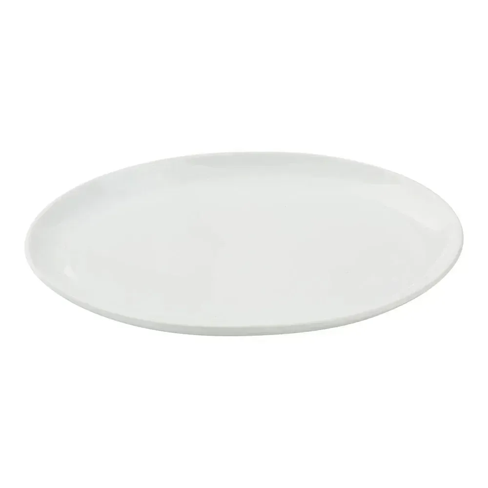 Yanco China white porcelain oval platter with smooth surface, curved edges, perfect for main dishes, appetizers, or shared portions.