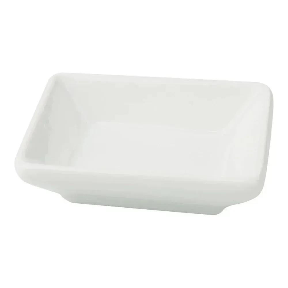 Yanco China small white rectangular porcelain sauce dish with smooth glaze, perfect for neatly presenting sauces or small condiments.