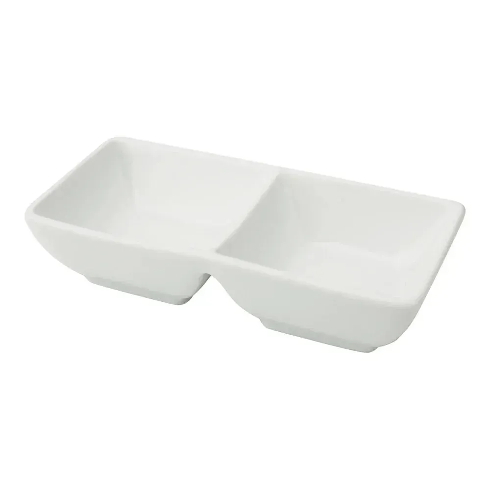 Yanco China double rectangular white porcelain sauce dish with smooth finish, ideal for serving condiments, dips, or sides in elegance.