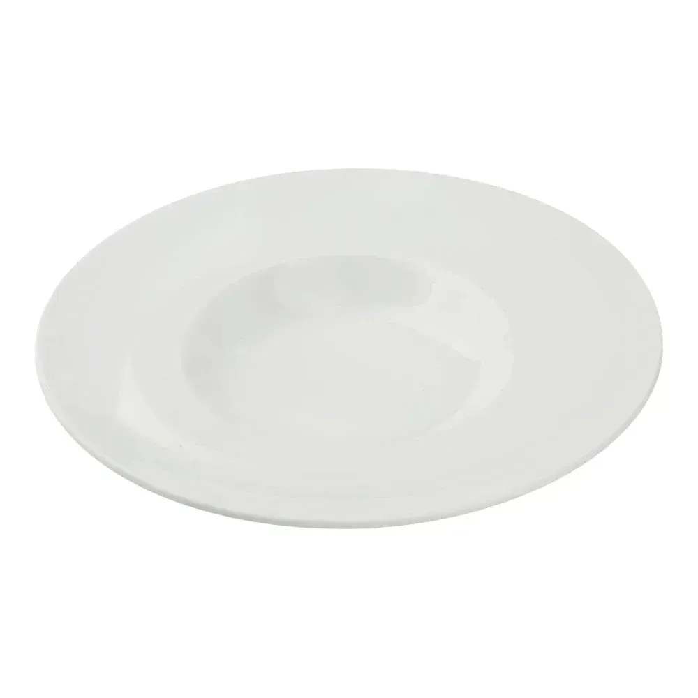 Yanco China white Mediterranean-style pasta bowl with wide rim, deep curved interior, and smooth finish for stylish, elegant food service.