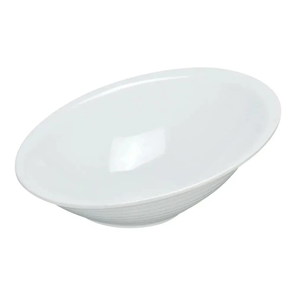 Modern white melamine catering sheer bowl by Yanco China with a glossy finish, ideal for stylish food presentation at buffets and restaurants.