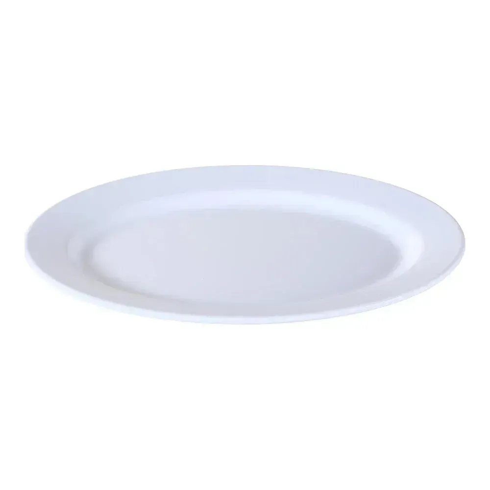 Elegant white melamine oval catering plate from Yanco China with a smooth finish, ideal for serving appetizers, main courses, or desserts.