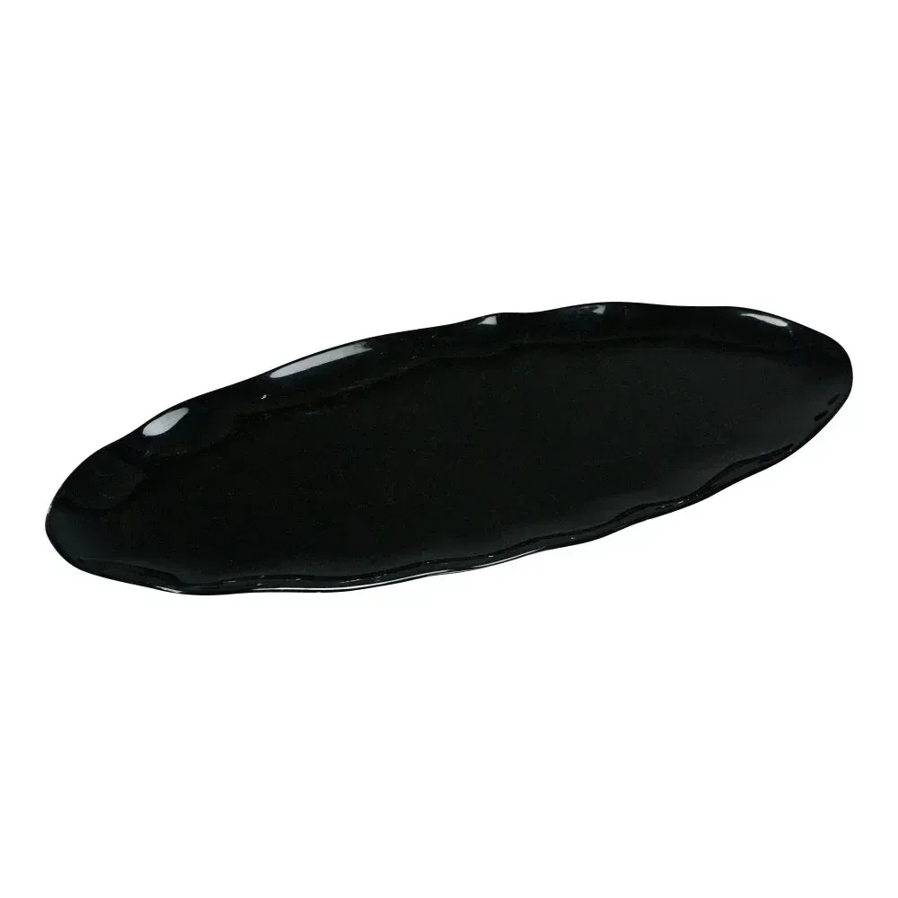Black melamine oval catering platter from Yanco China with a sleek design, perfect for upscale serving of appetizers, desserts, and mains.