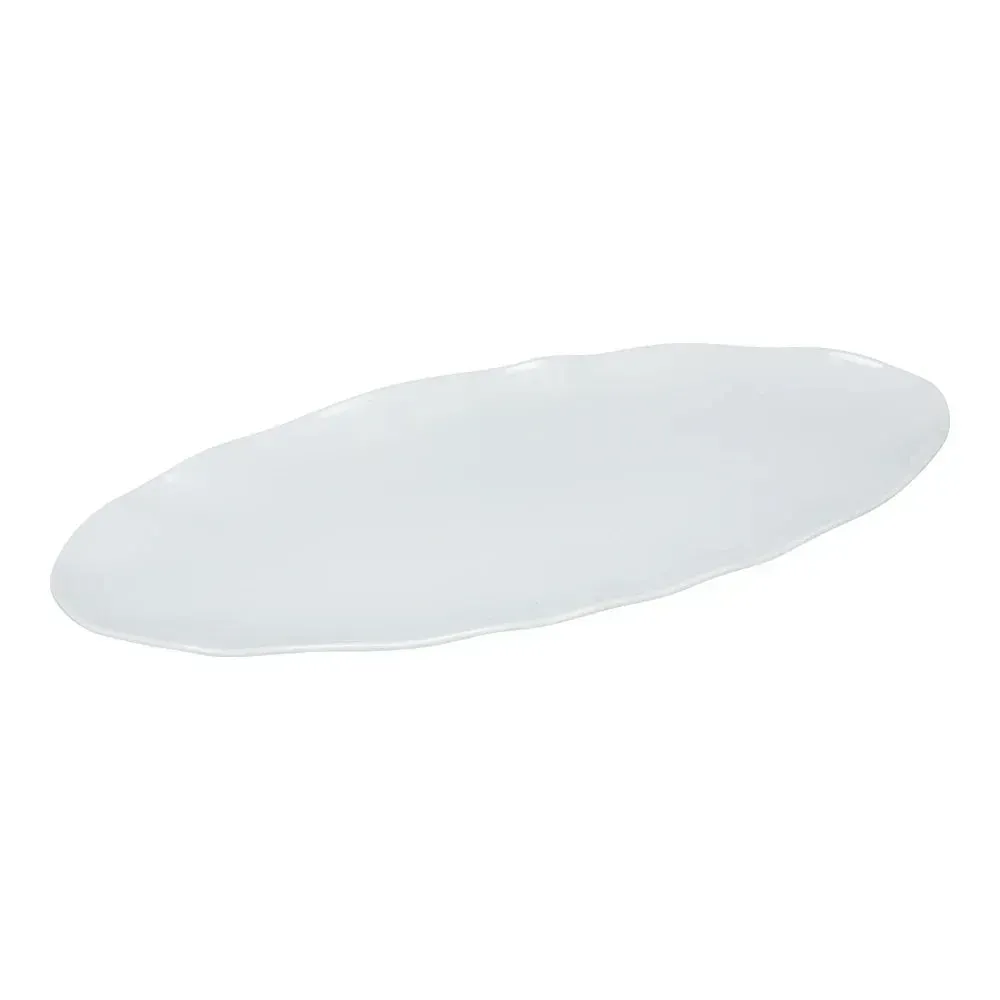 White melamine oval catering platter by Yanco China with a smooth finish, ideal for serving salads, appetizers, and mains at events.