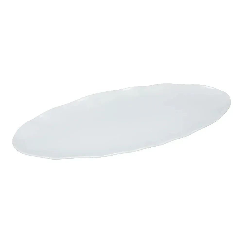 White melamine oval catering platter from Yanco China with a smooth finish, perfect for appetizers, desserts, and main dishes at banquets.
