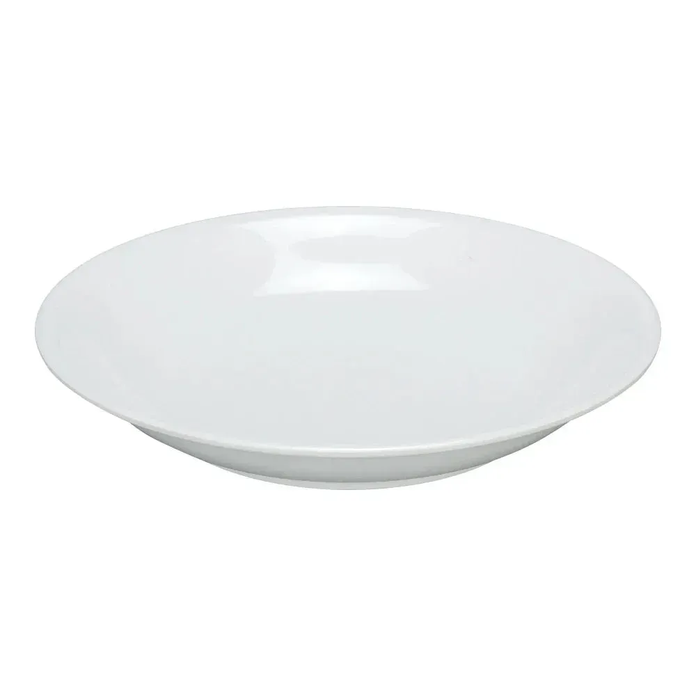 White melamine round catering bowl by Yanco China with a durable finish, ideal for soups, stews, salads, and side dishes at catered events.