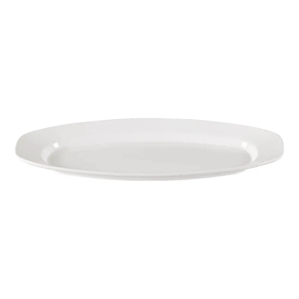 White melamine catering platter from Yanco China, ideal for serving appetizers, side dishes, and desserts at catered events and restaurants.