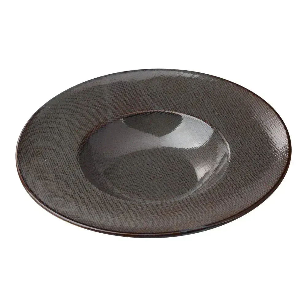 Yanco China gray soup plate with wide textured rim, perfect for elegant presentation and service of soups, stews, or saucy entrées in style.