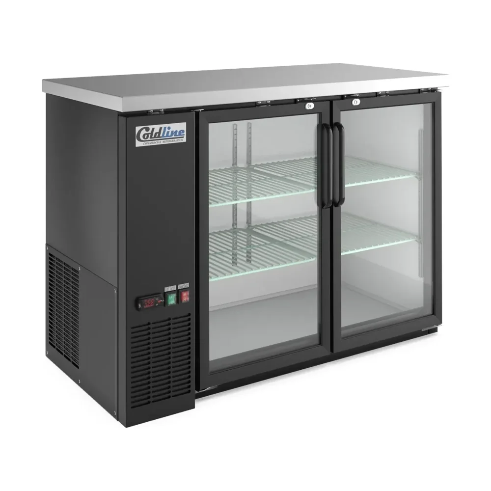 Coldline 48" Back Bar Cooler, Black, 2 Solid Doors, Narrow Depth, 1 Year Warranty