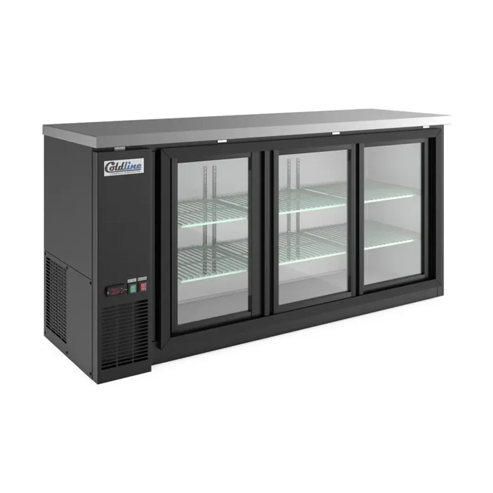 Coldline 72" Back Bar Cooler, Black, 3 Swing Glass Doors, Narrow Depth, 1 Year Warranty