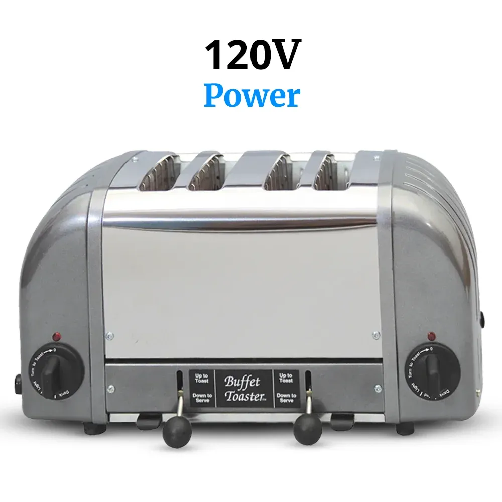 Cadco stainless steel buffet toaster with wide slots and sleek finish ensures even, golden toasting for bread and bagels at breakfast stations.