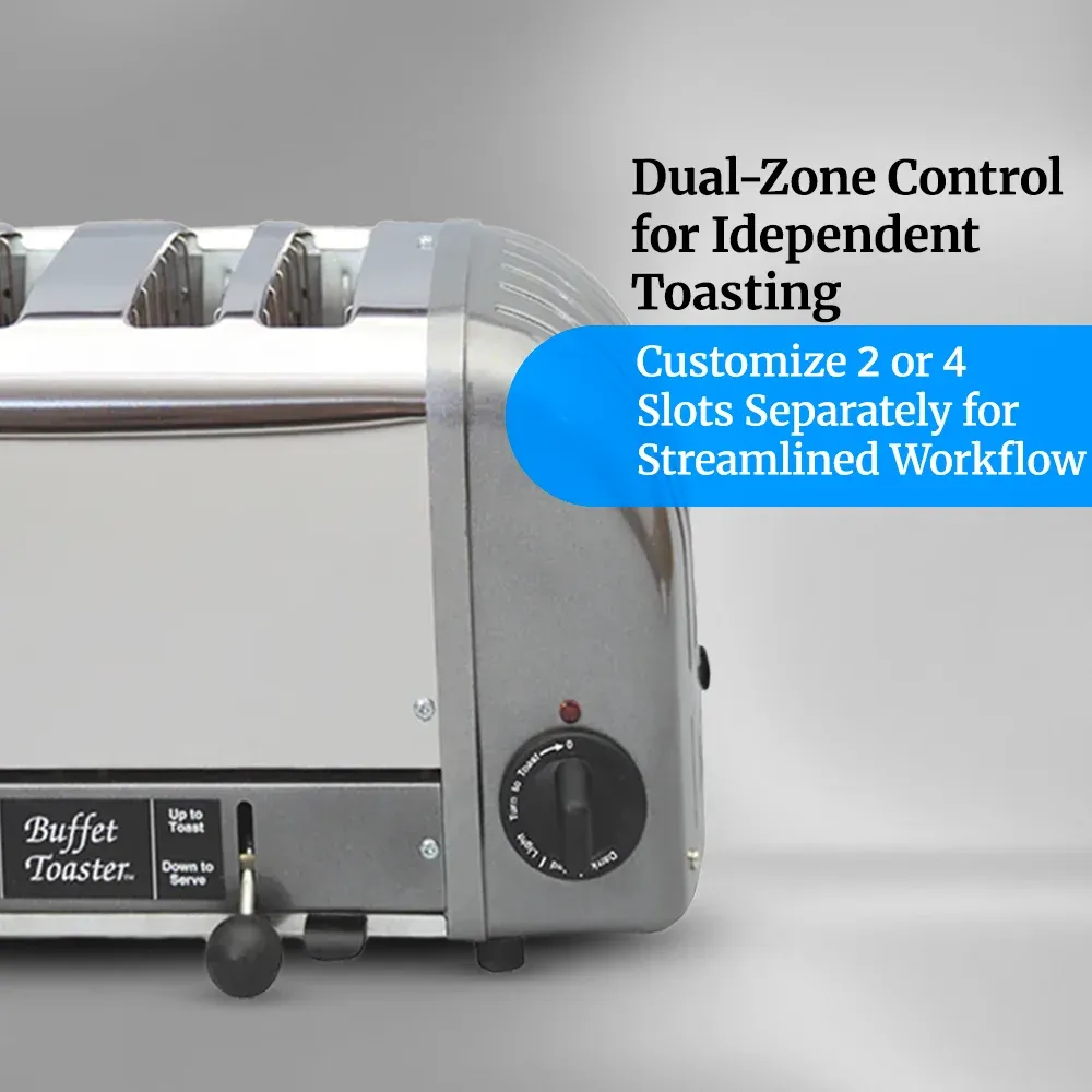 Cadco stainless steel buffet toaster with wide slots and sleek finish ensures even, golden toasting for bread and bagels at breakfast stations.