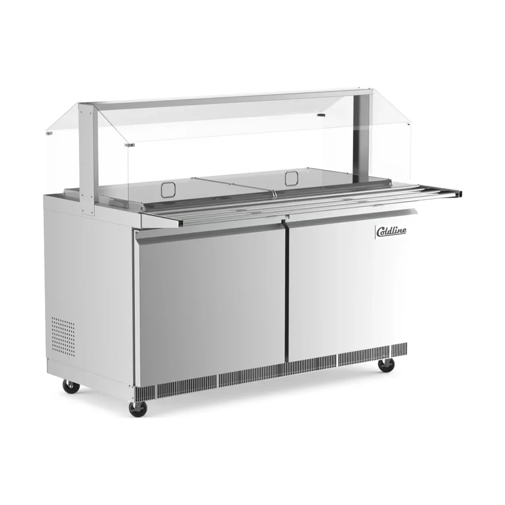 Coldline 60" Refrigerated Salad Bar / Cold Food Table with Sneeze Guard, Stainless Steel, Tray Slide and Pan Cover, 1 Year Warranty