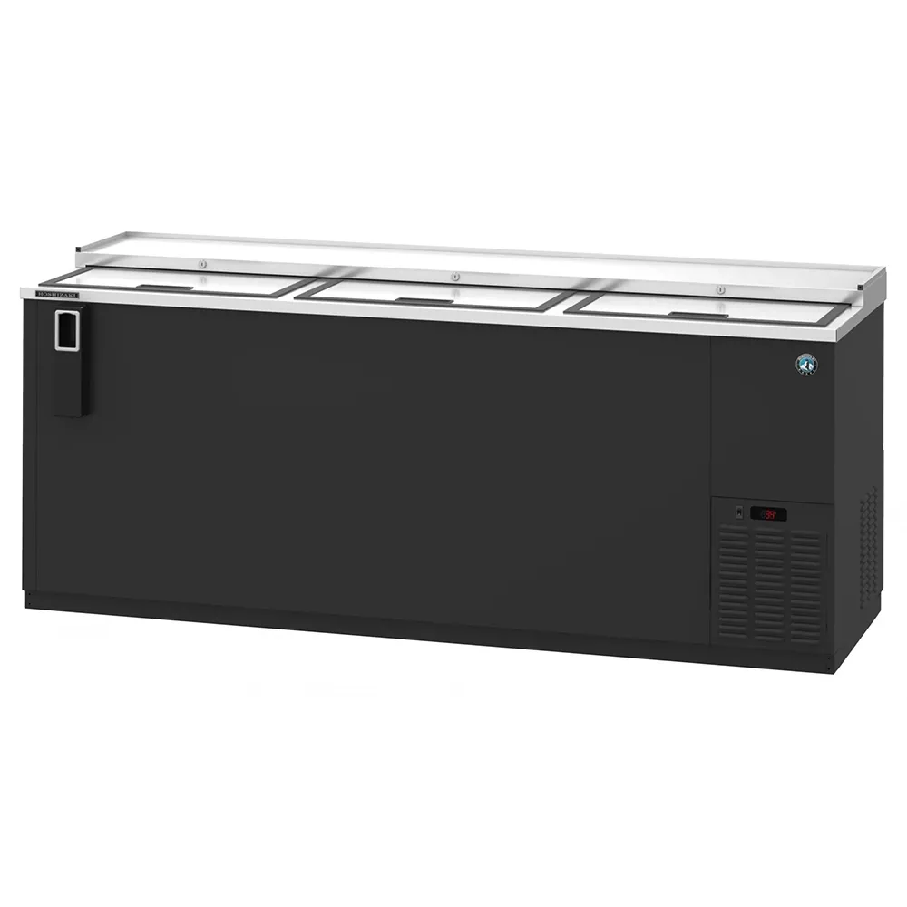 Commercial bottle cooler with a stainless finish from Hoshizaki America and a forced air system, ideal for storing many bottles in a busy bar.