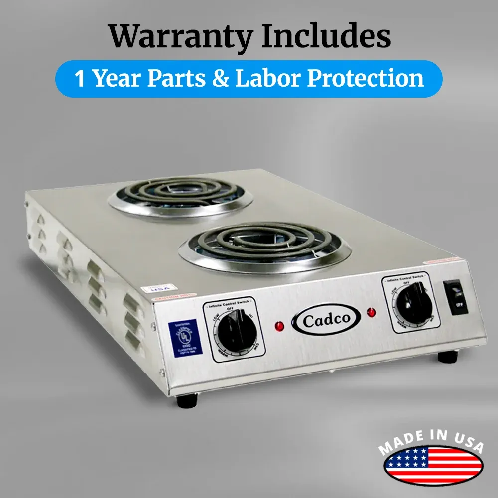 Cadco dual burner hot plate with tubular elements in stainless steel delivers powerful, compact cooking for mobile catering or backup prep stations.