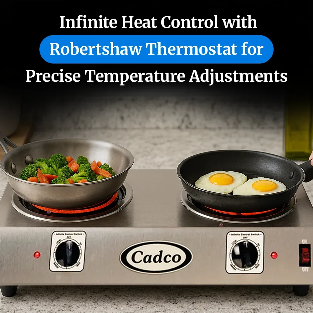 Cadco double burner hot plate with tubular elements in stainless steel delivers steady heat for sauces in tight kitchens or catering setups.