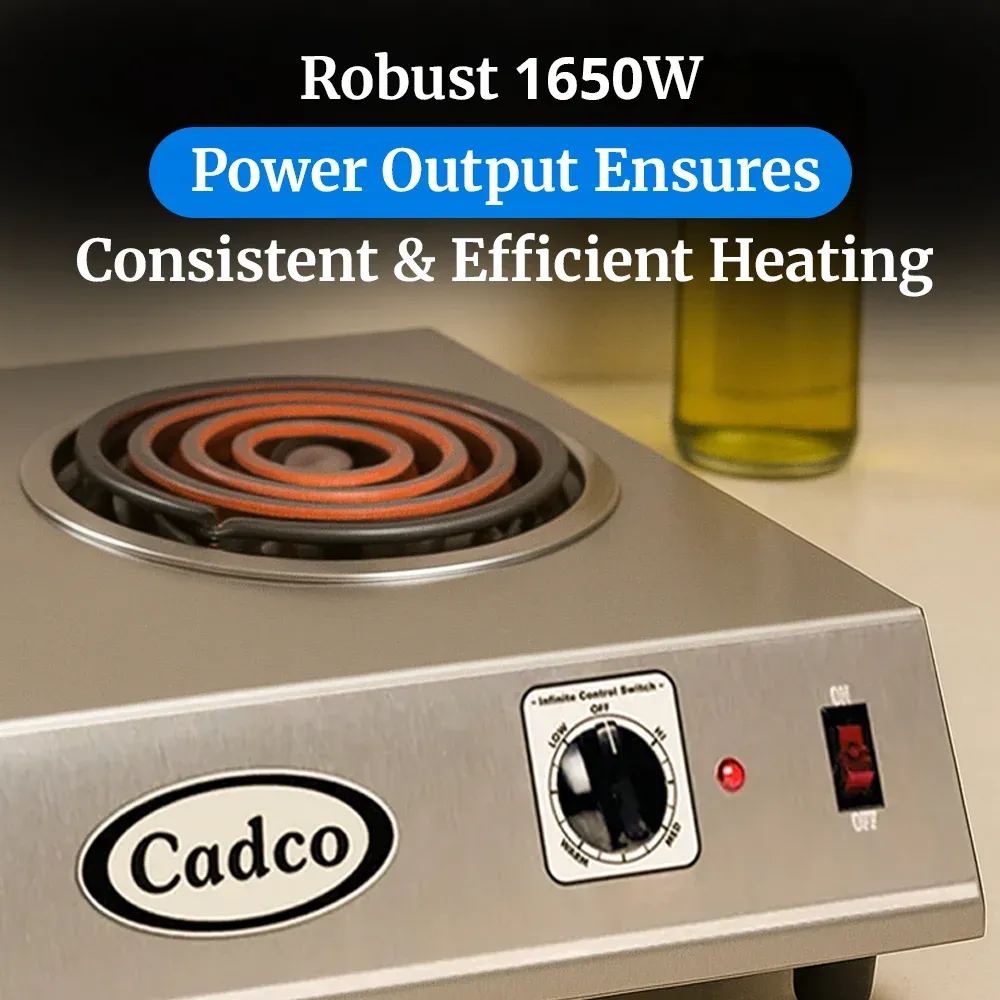 Cadco double burner hot plate with tubular elements in stainless steel delivers steady heat for sauces in tight kitchens or catering setups.