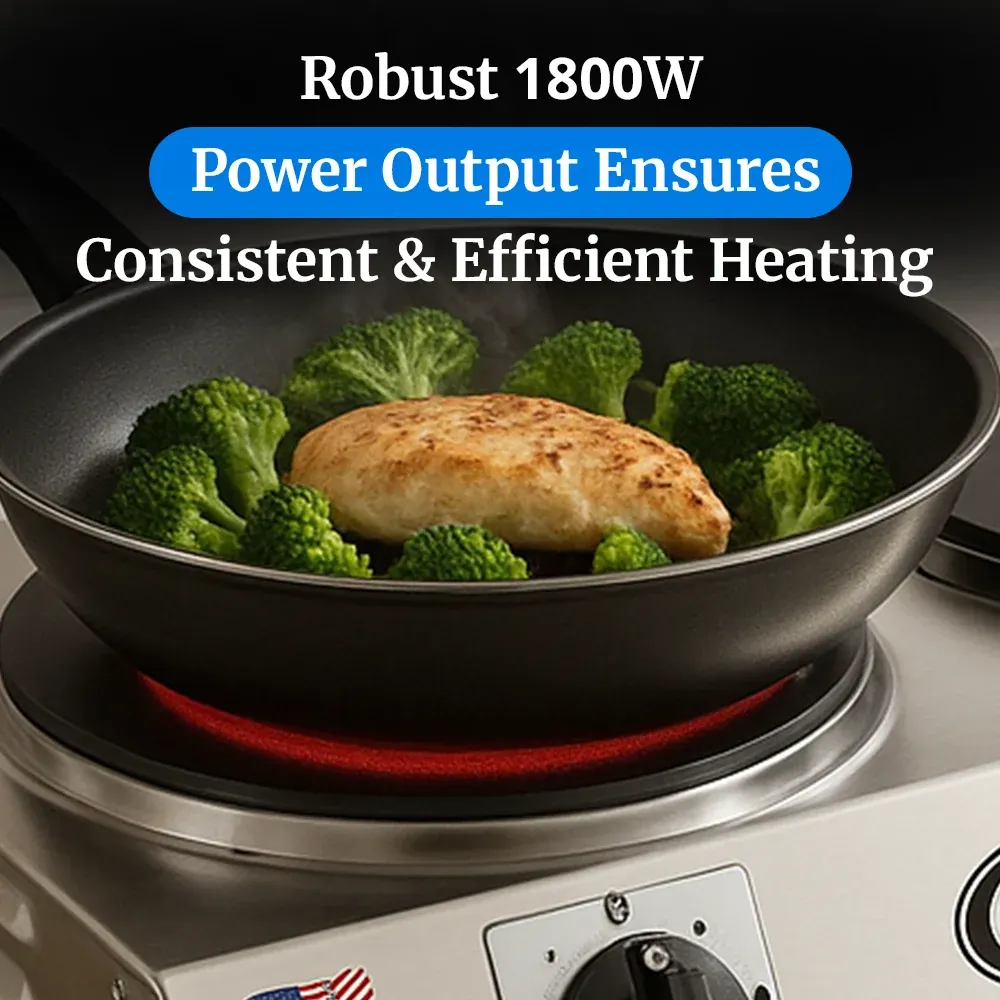 Cadco compact front-to-back hot plate with cast iron double burners in stainless steel housing ensures reliable heat for breakfast or buffet prep.