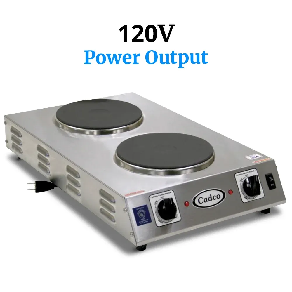 Cadco compact front-to-back hot plate with cast iron double burners in stainless steel housing ensures reliable heat for breakfast or buffet prep.