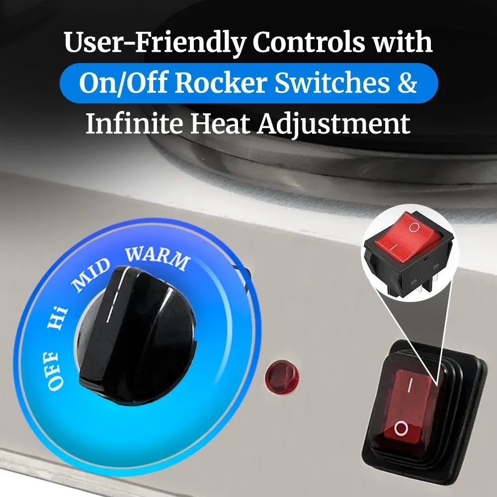 Cadco compact front-to-back hot plate with cast iron double burners in stainless steel housing ensures reliable heat for breakfast or buffet prep.