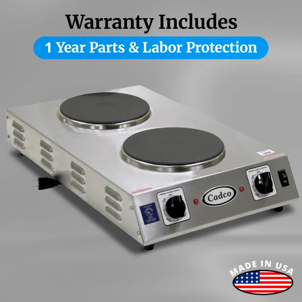 Cadco compact front-to-back hot plate with cast iron double burners in stainless steel housing ensures reliable heat for breakfast or buffet prep.