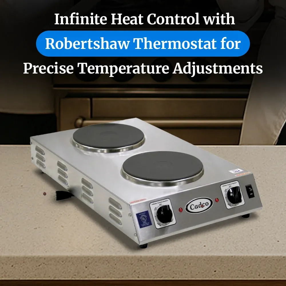 Cadco compact front-to-back hot plate with cast iron double burners in stainless steel housing ensures reliable heat for breakfast or buffet prep.