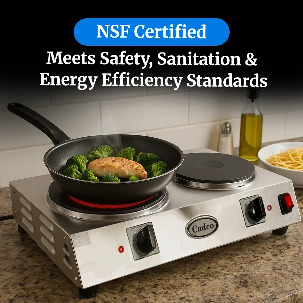 Cadco side-by-side double burner hot plate with cast iron elements in stainless steel fits tight counters and offers steady dual pan cooking power.