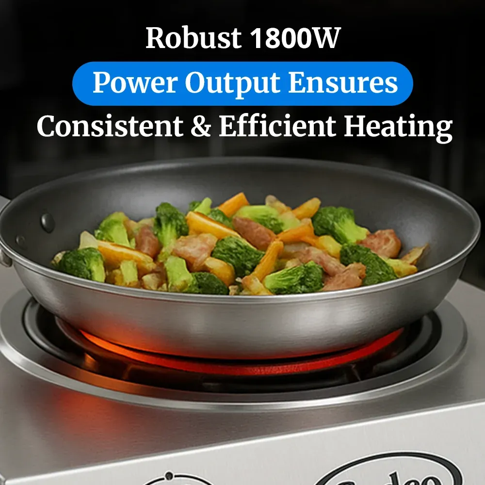 Cadco side-by-side double burner hot plate with cast iron elements in stainless steel fits tight counters and offers steady dual pan cooking power.