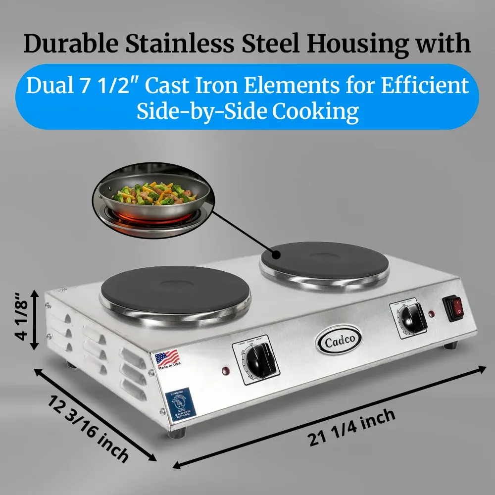 Cadco side-by-side double burner hot plate with cast iron elements in stainless steel fits tight counters and offers steady dual pan cooking power.