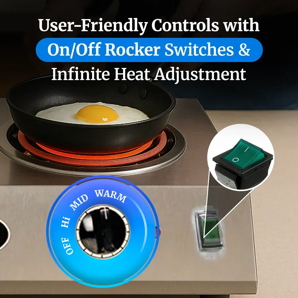 Cadco front-to-back double burner hot plate in stainless steel delivers dual-zone tubular heatperfect for compact commercial or home kitchens.