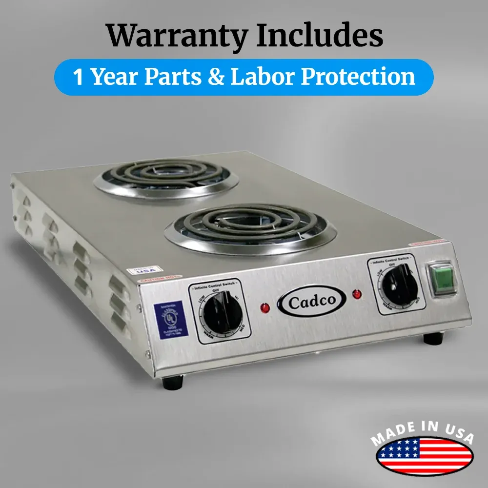 Cadco front-to-back double burner hot plate in stainless steel delivers dual-zone tubular heatperfect for compact commercial or home kitchens.