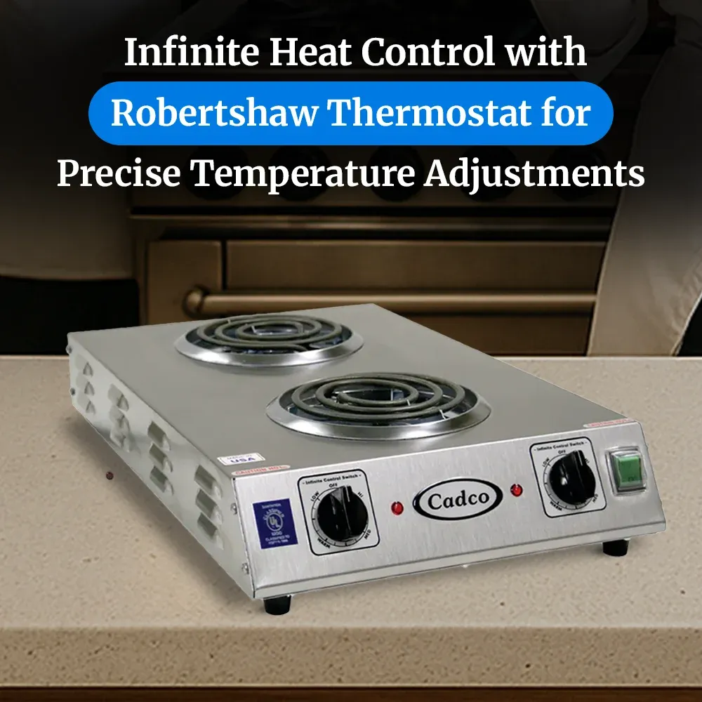 Cadco front-to-back double burner hot plate in stainless steel delivers dual-zone tubular heatperfect for compact commercial or home kitchens.