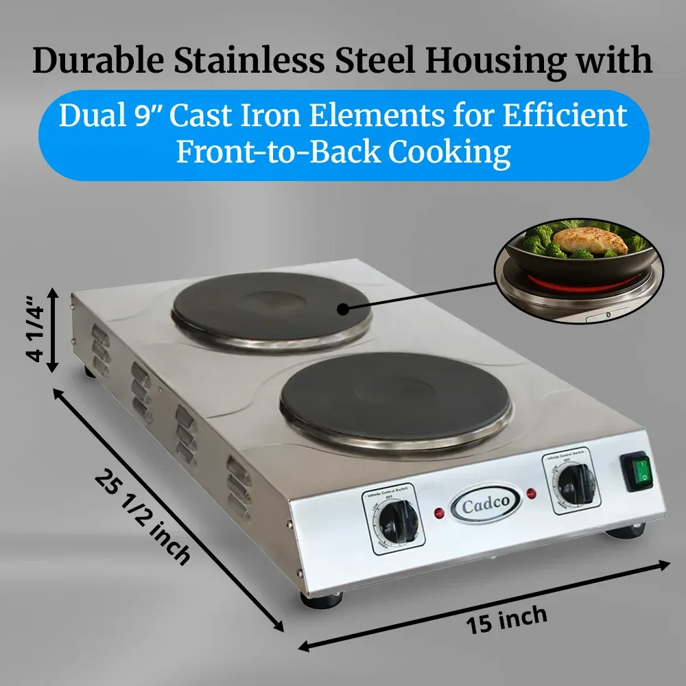 Cadco triple-duty double burner hot plate with cast iron elements in stainless steel supports simultaneous cooking in busy kitchens or catering setups