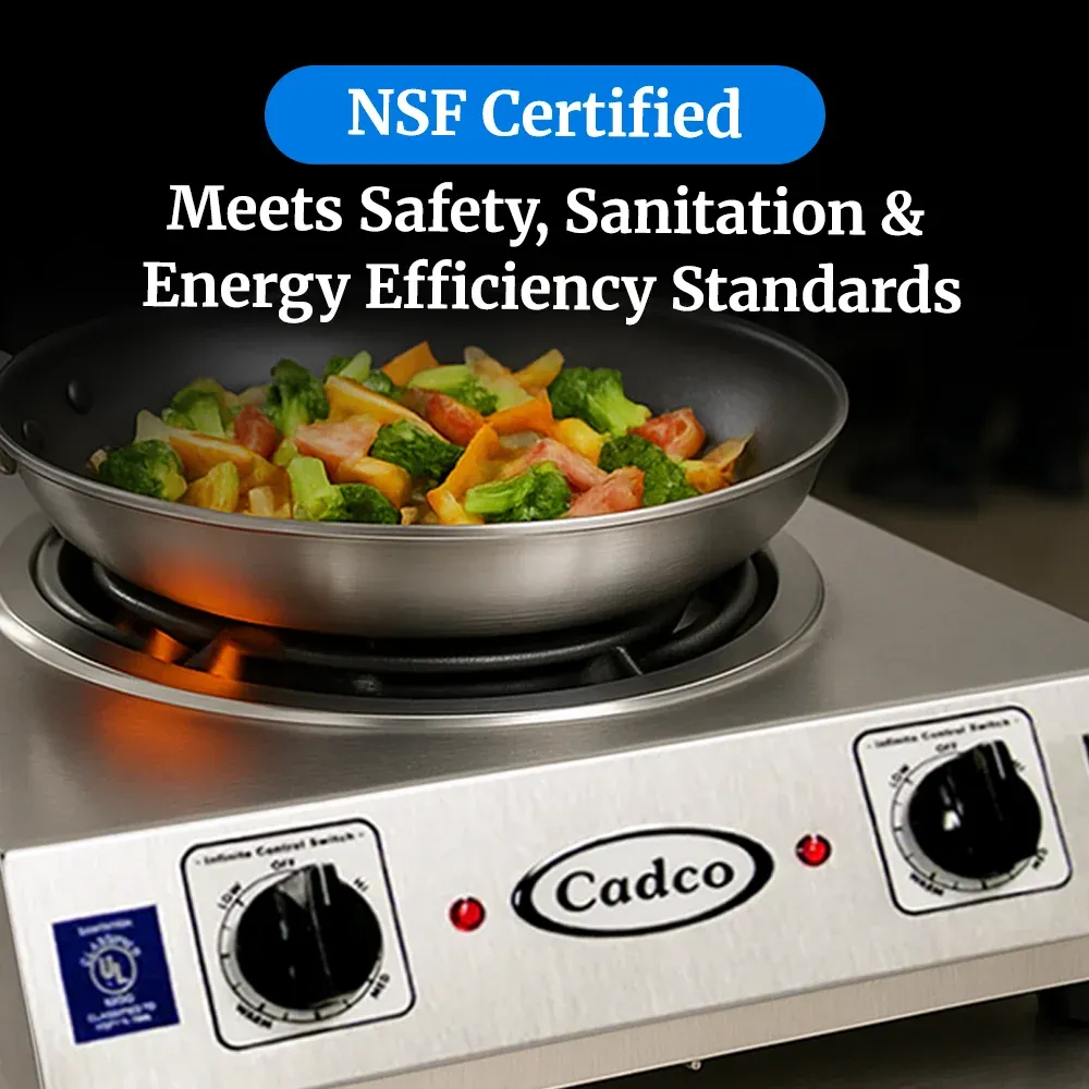 Cadco triple-duty double burner hot plate with cast iron elements in stainless steel supports simultaneous cooking in busy kitchens or catering setups