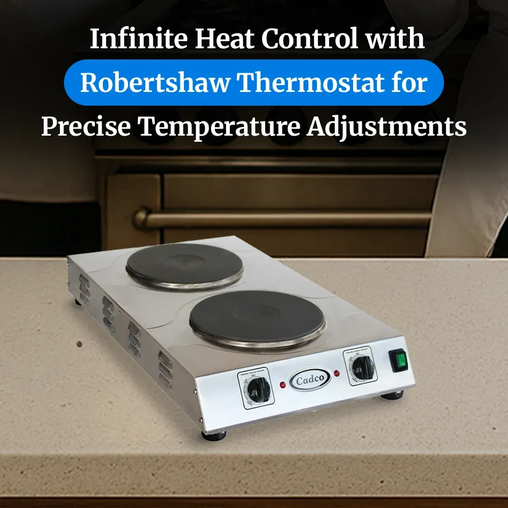 Cadco triple-duty double burner hot plate with cast iron elements in stainless steel supports simultaneous cooking in busy kitchens or catering setups