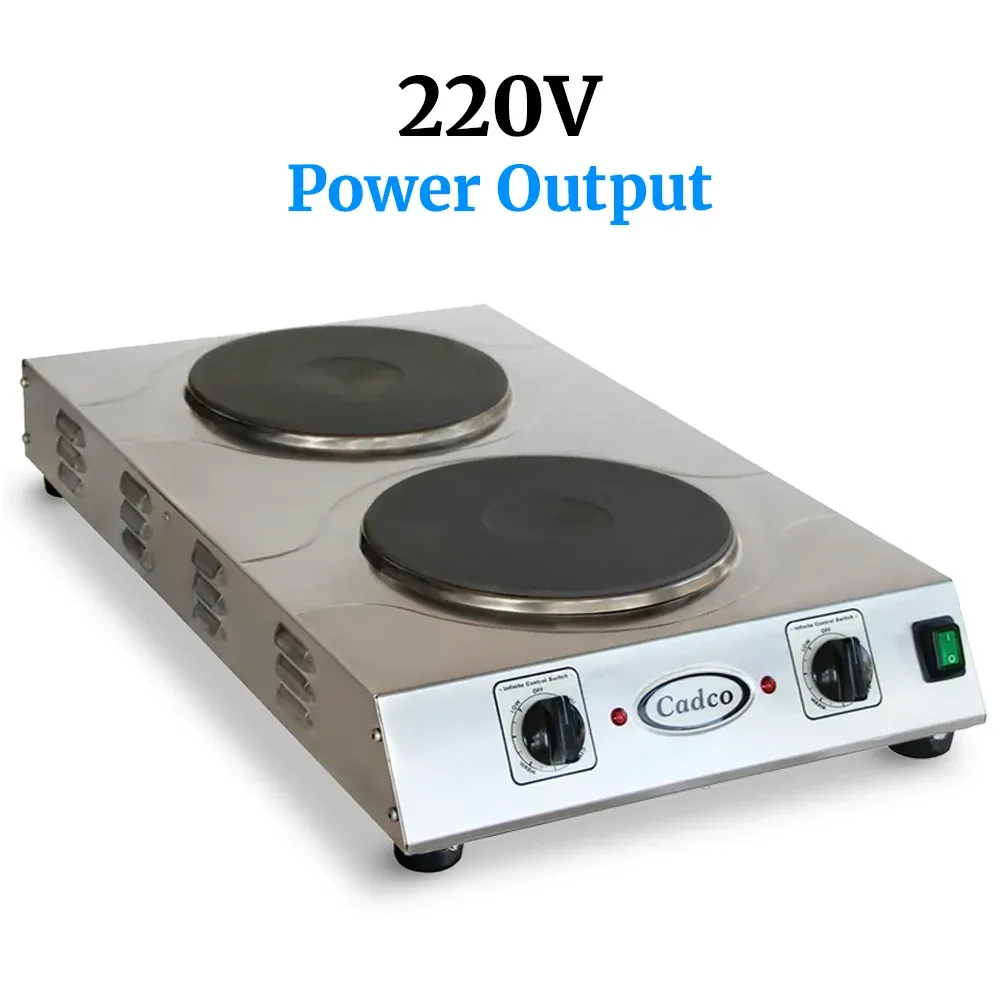 Cadco triple-duty double burner hot plate with cast iron elements in stainless steel supports simultaneous cooking in busy kitchens or catering setups