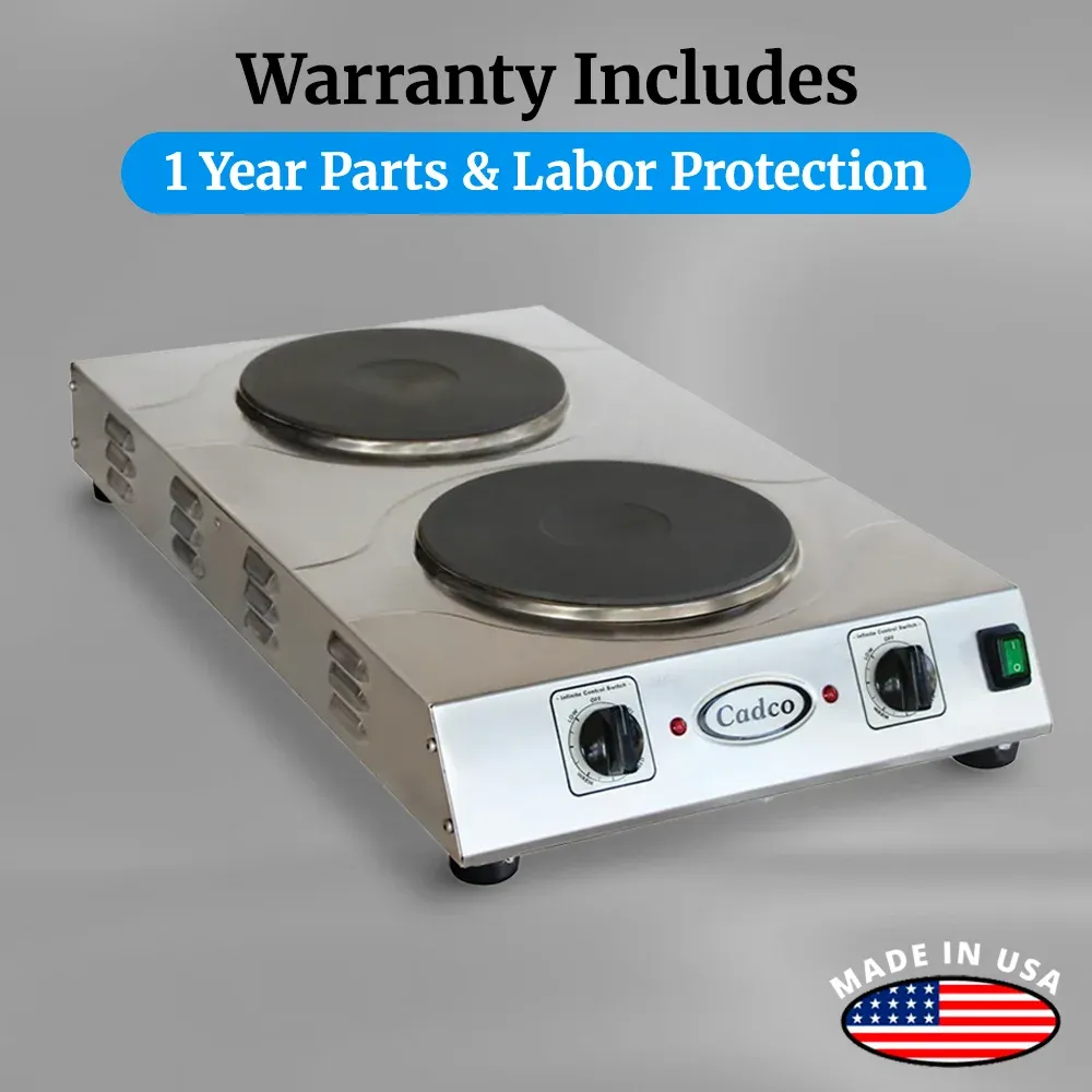 Cadco triple-duty double burner hot plate with cast iron elements in stainless steel supports simultaneous cooking in busy kitchens or catering setups