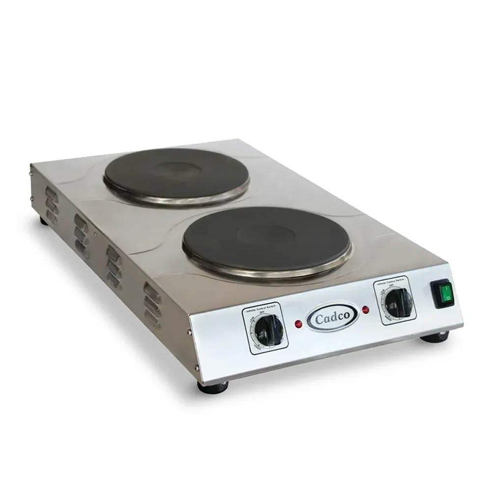 Cadco triple-duty double burner hot plate with cast iron elements in stainless steel supports simultaneous cooking in busy kitchens or catering setups
