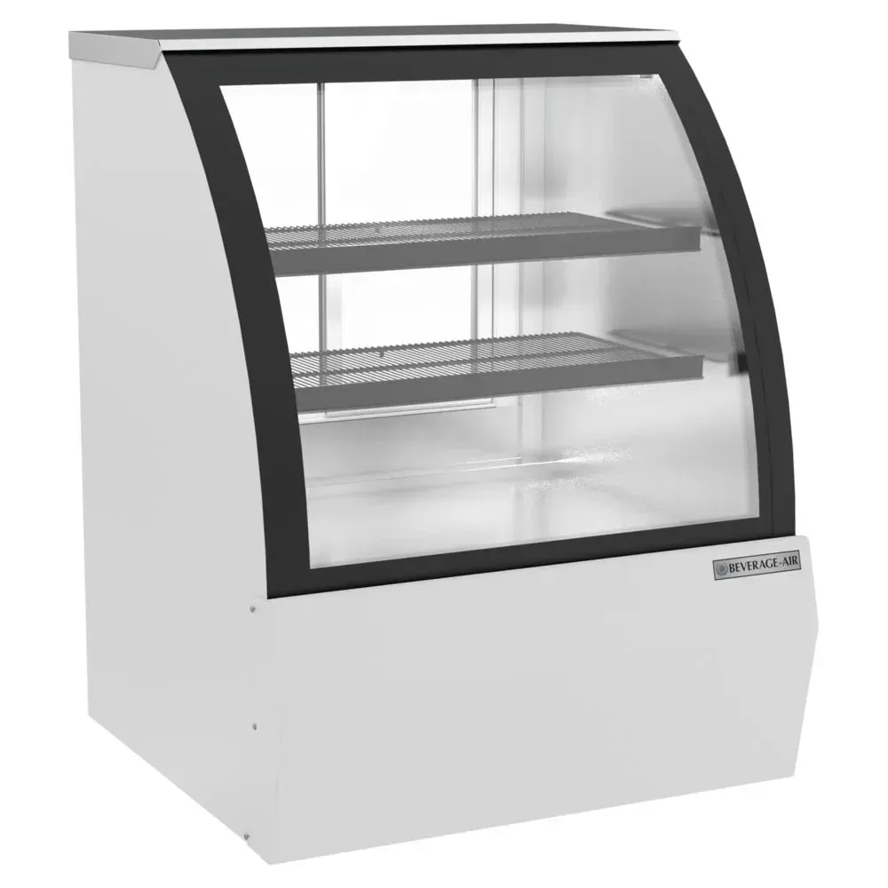 White curved glass refrigerated bakery deli display from Beverage-Air is ideal for chilled dessert and deli presentations in compact spaces.