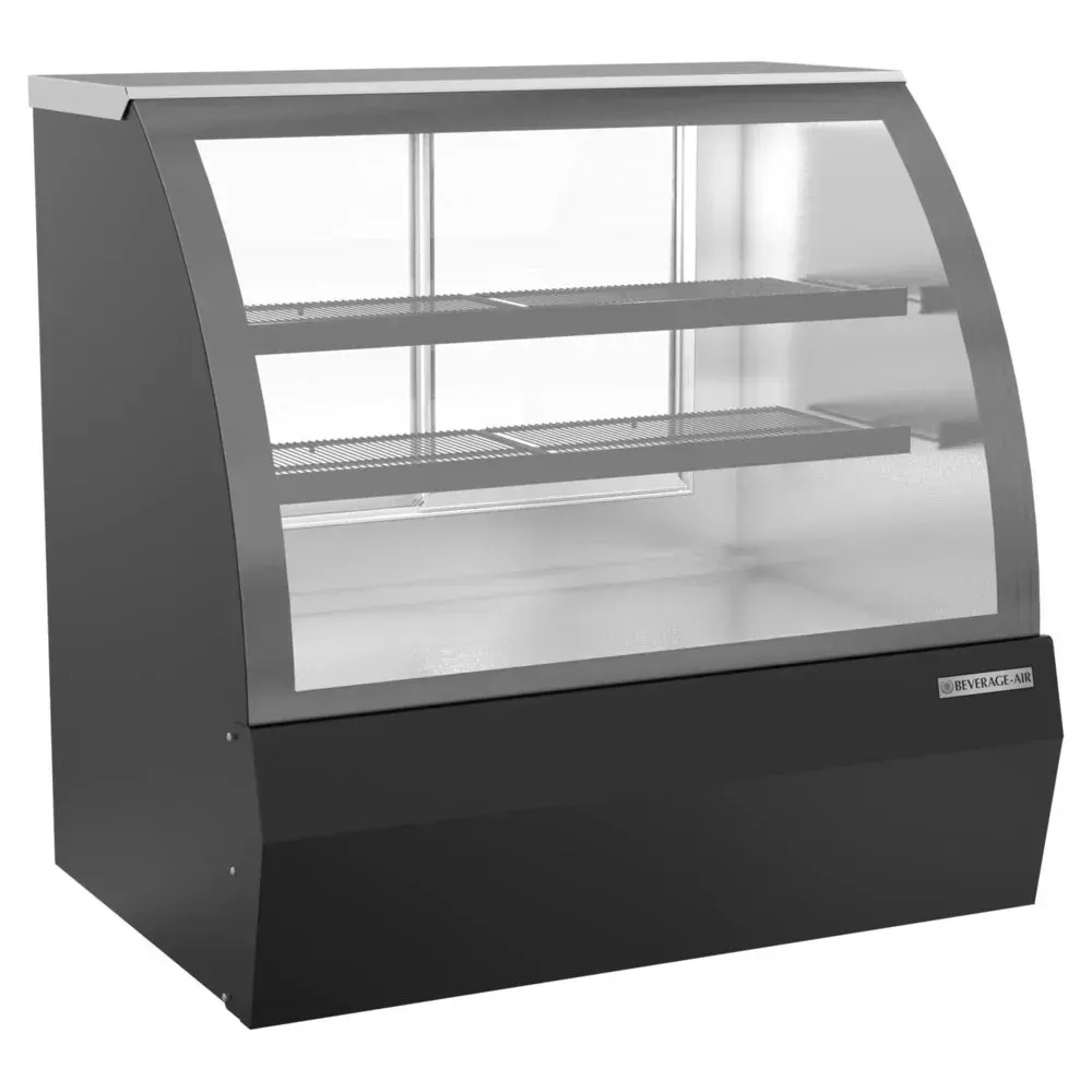 Black curved glass dry bakery display case by Beverage-Air is ideal for showcasing baked goods in stylish retail or cafe setups.