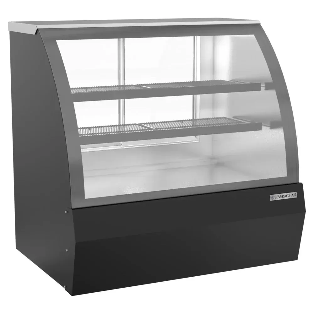 Black curved glass refrigerated bakery deli display from Beverage-Air is perfect for chilled product displays in bakeries and cafes.