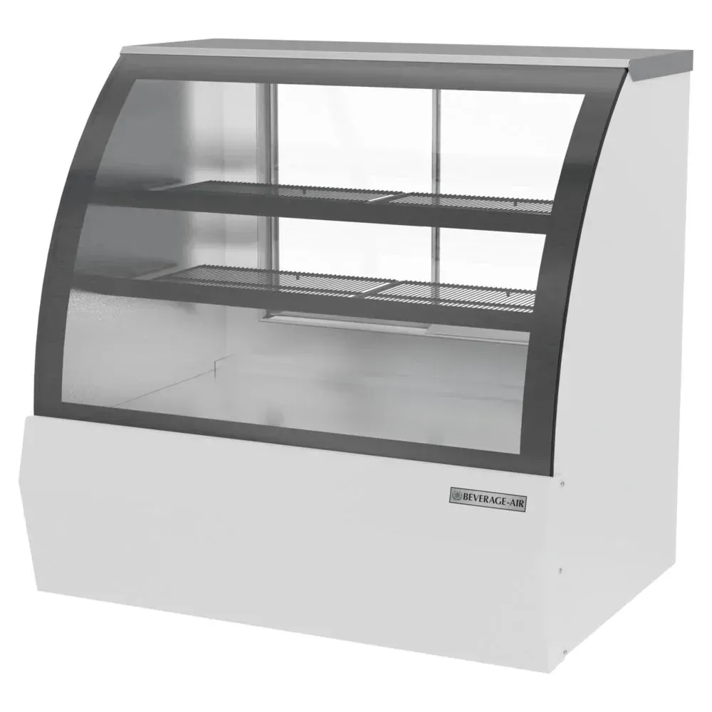 White curved glass refrigerated bakery deli display from Beverage-Air is perfect for chilled desserts and savory food presentations.